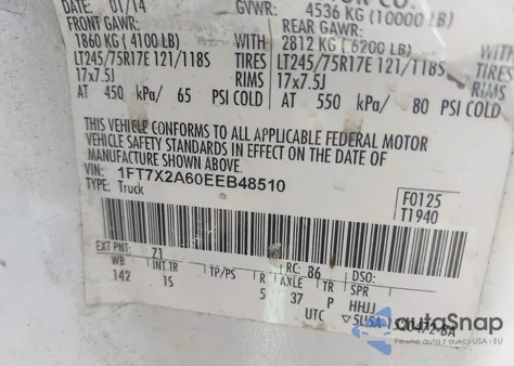 2014 Ford F-250 Xl z USA, uszkodzony, nr VIN 1FT7X2A60EEB48510